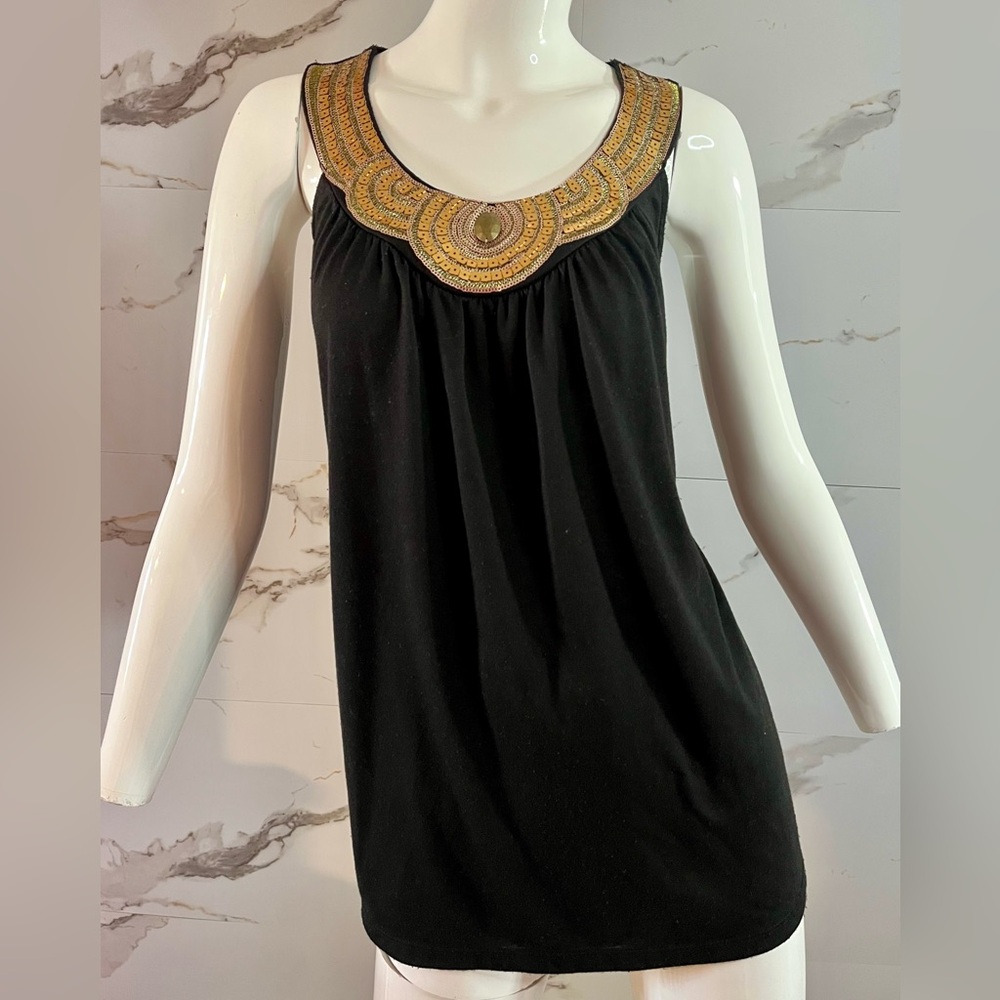 Majora Flowy Black Sleeveless Tank Top Gold Beaded Yoke Relaxed Fit Size L